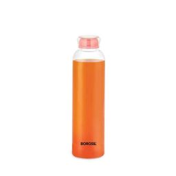 Borosil Crysto 550ml Slim Borosilicate Glass Transparent Narrow Mouth Water Bottle with Pink Glass Lid, ICSLMPK550M-picture-1