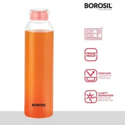 Borosil Crysto 550ml Slim Borosilicate Glass Transparent Narrow Mouth Water Bottle with Pink Glass Lid, ICSLMPK550M image 2