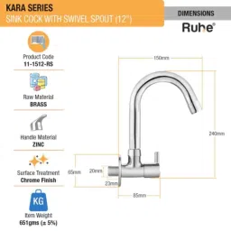 Ruhe Kara Brass Chrome Finish Sink Tap with Small 12 inch Round Swivel Spout, 11-1512-RS image 2