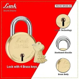 Link 65mm 8 Levers Gold Round Hardened Shackle Brass Padlock with Double Locking, 4 Keys &a; Free Key Hanger (Pack of 5) image 5