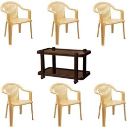 Italica 6 Pcs Polypropylene Marble Beige Premium Arm Chair &a; Nut Brown Table with Wheels Set, 9201-6/9509-picture-11