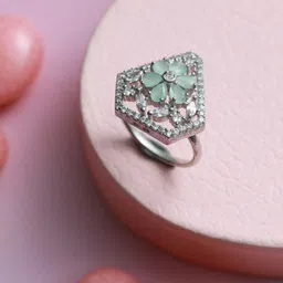 Jazz and Sizzle Silver-Plated Lime Green Coloured & White AD Studded Ring-picture-20