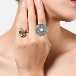 AMI Set Of 2 Gold-Plated Silver-Toned White Stone-Studded Finger Ring-picture-42