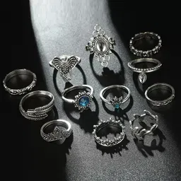 Pinapes Pack Of 12 Silver Plated  & Stone Studded Finger Ring-picture-34