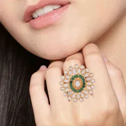 Efulgenz Gold-Plated Green Pearl & Crystal Beaded Finger Ring image 4