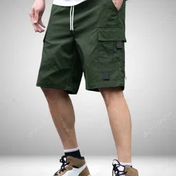 Solid Men Dark Green Cargo Shorts-image-4