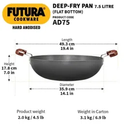 Hawkins Futura 7.5 Litre 36cm Hard Anodized Flat Bottom Deep Fry Pan, AD 75 (Pack of 5) image 4