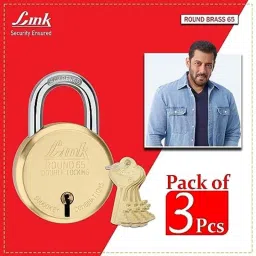 Link 65mm 8 Levers Gold Round Hardened Shackle Brass Padlock with Double Locking, 4 Keys &a; Free Key Hanger (Pack of 3) image 3