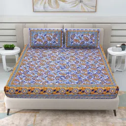 patricko Blue Traditional 144 TC Cotton Double Queen Bedsheet With 2 Pillow Covers image 1