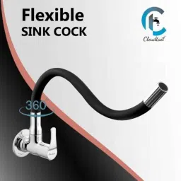 Cloudtail by Prestige Step CDT6109 Brass Chrome Finish Black &a; Silver Wall Mounted Swan Neck Tap with Silicone Black Flexible Swivel Spout image 3