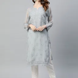 ADA Women Grey Ethnic Motifs Embroidered Chikankari Georgette Handloom Kurta With Matching Slip image 1
