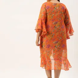 theRebelinme Plus Size Orange & Green Floral Printed Georgette A-Line Midi Dress image 4