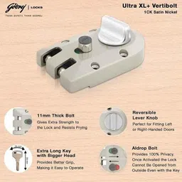 Godrej 4291 Ultra XL+Vertibolt 1CK Satin Nickel Door Lock with 4 Keys image 4