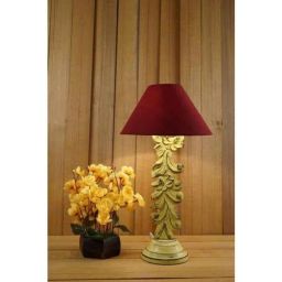Tucasa Mango Wood Crushed Yellow Carving Table Lamp with 10 inch Polycotton Maroon Pyramid Shade, WL-57-picture-42
