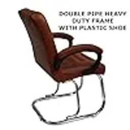 P P Chair Leatherette Brown Medium Back Double Pipe Frame Cushion Office Executive Chair (Pack of 2) image 4