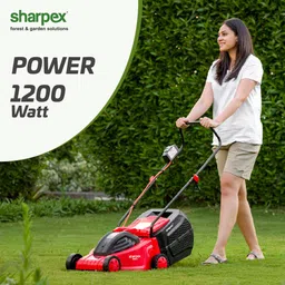 sharpex Electric Lawn Mower | Folding Handle, 1200 Watt,15 Mtr Cable and Detachable Collection Box | Adjustable Height Mower (12 Inch Cutting Blade, Single Phase 1.6 HP Motor) AC Adapter Push Lawn Mower image 2