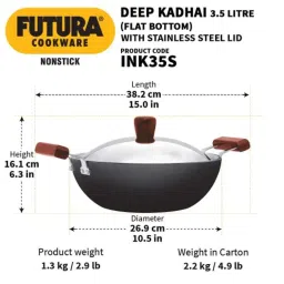 Hawkins Futura 3.5L 26cm Nonstick Induction Friendly Flat Bottom Deep Kadhai with Lid, INK 35S image 3