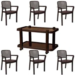 Italica 6 Pcs Polypropylene Tan Brown Luxury Arm Chair &a; Nut Brown Table with Wheels Set, 3018-6/9509-picture-33