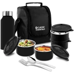 Classic Essentials 5 Pcs 350ml Stainless Steel Black Lunch Box Set with Bag (Pack of 5)-image-84