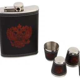 hokipo AR300, Russian Coat Of Arms Stainless Steel/Faux Leather 9 Oz/266 ml Hip Flask + 4 Shot Glasses + Funnel Hip Flask image 4