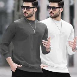 blive Pack of 2 Men Solid Round Neck Cotton Blend Grey, White T-Shirt-picture-31