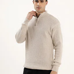 kveto Men Self Design High Neck Beige Sweater image 3