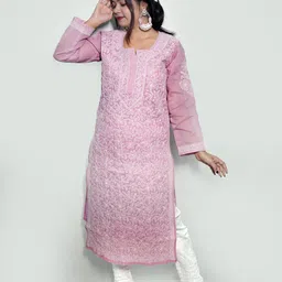 binbee lifestyle Women Chikan Embroidery, Embroidered Pure Cotton Straight Kurta-picture-11