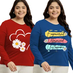 Pack of 2 Women Typography Round Neck Cotton Blend Multicolor T-Shirt-image-81