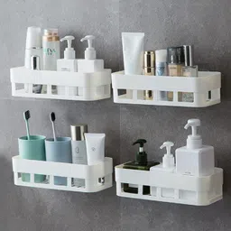 laxical Decor for Kitchen 4 Bathroom Racks with 2 Towel Hangers Plastic Wall Shelf Plastic Wall Shelf image 2