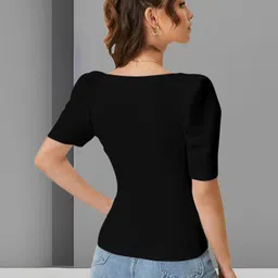 dream beauty fashion Casual Puff Sleeves Solid Women Black Top image 2