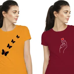 stylimo Pack of 2 Women Printed Round Neck Cotton Blend Orange, Maroon T-Shirt-picture-23
