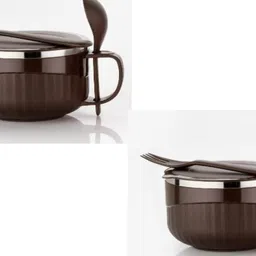 trendingkitchen Pack of 1 Stainless Steel cup Maggi Noodles & Soup Bowl & pasta bowl with Spoon & fork ( 650 ml)-picture-11