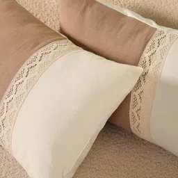 peepul tree Handmade Rectangular Crochet Cotton Taupe and Off White Crochet with Flap Set of 2 (12x18inches) Cushion Covers image 3