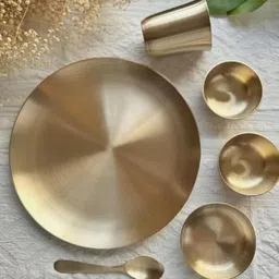 alluring homz Pack of 6 Bronze Luxury 11.5” THALI Kansa Bronze Dinner Set–6-Piece Matte Finish Ayurvedic Dinner Set image 2