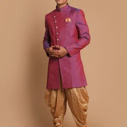 VM VM by Vastramay Men's Purple And Rose Gold Silk Blend Sherwani Set Solid Sherwani image 3