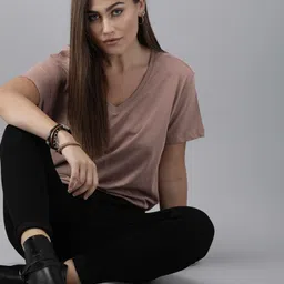 roadster Women Solid V Neck Pure Cotton Purple T-Shirt image 4