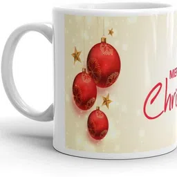 festivecraft Christmas Gift Coffee with Hanging Red Ornaments and Golden Stars on Cream Ceramic Coffee Mug image 3
