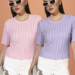 somvati Pack of 2 Women Self Design Round Neck Polyester Yellow T-Shirt-picture-14