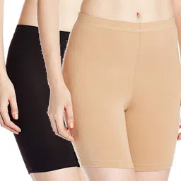 Pack of 2 Solid Women Black, Beige Cycling Shorts-image-0