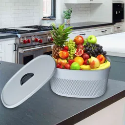 heart home Plastic Medium Storage Baskets with lid|Design-Netted|Shape-Oval|Color-Grey|Pack of 3 Storage Basket image 5