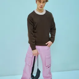 bewakoof Men Solid Round Neck Brown Sweater image 5