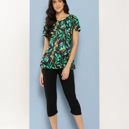 Here&Now Womens Sports Wear Black-Green Colour Leaf Print Nylon Swim Suit Printed Women Swim-dress Green Swimsuit-image-2