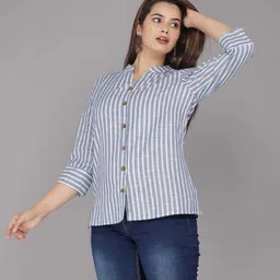 ap2kurti Casual Roll Up Sleeves Striped Women Blue Top image 3