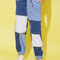 StyleStone Women Blue & White Patch Work Relaxed Joggers Trousers-picture-42