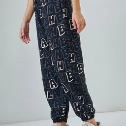 Bewakoof Black Relaxed-Fit Typography Printed Cotton Oversized Joggers image 3