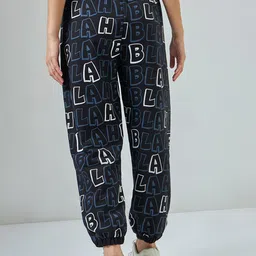 Bewakoof Black Relaxed-Fit Typography Printed Cotton Oversized Joggers image 2