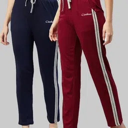 clothina Pack of 2 Women Solid Maroon, Blue Track Pants-picture-29