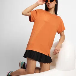bewakoof Women Solid Round Neck Pure Cotton Orange T-Shirt image 2