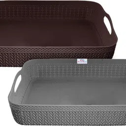 heart home Plastic Q-4 Multiuses Designer Unbreakable Plastic Storage Basket Pack of 2 (Grey&Brown) Storage Basket-picture-34
