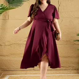 berrylush curve Women Wrap Maroon Maxi/Full Length Dress-picture-16